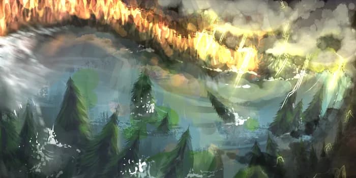 Painterly scene: dark forest beneath a violent sky of fire, lightning, and churning storm clouds