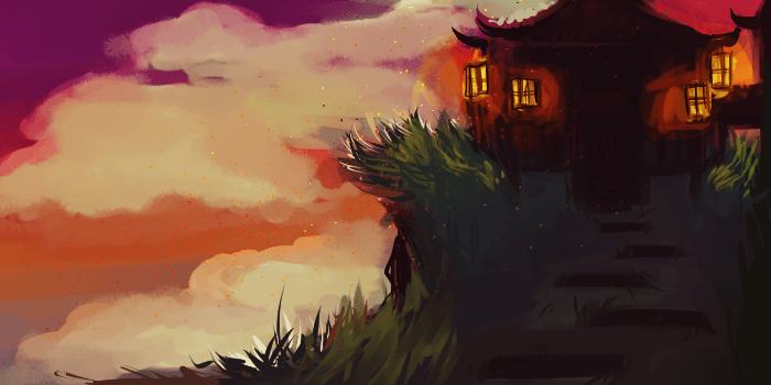 Painterly scene: a traditional shrine on a cliff at sunset, warm lantern light against rose and violet clouds